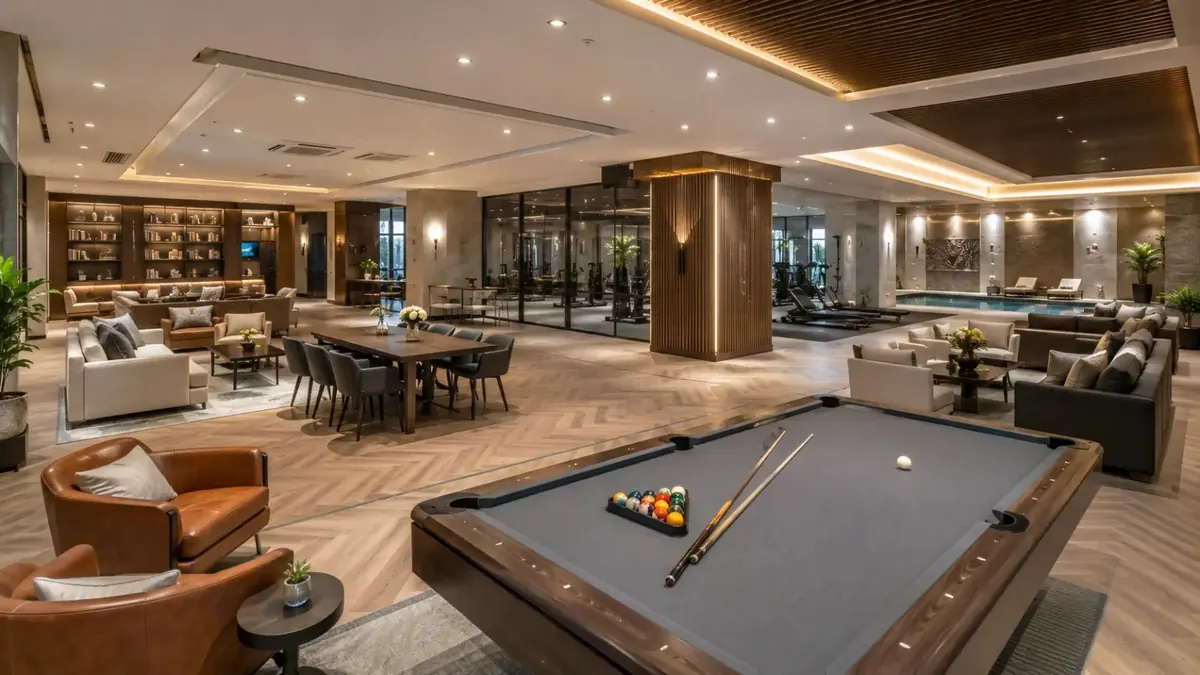 Clubhouse interior with lounge, games room and indoor pool at Embassy Biome, North Bangalore