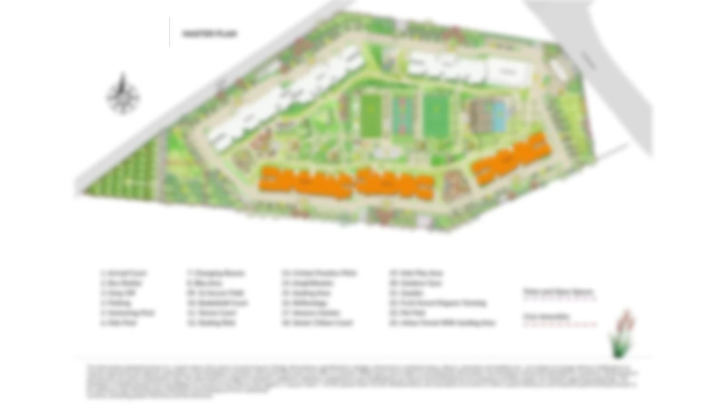 Master plan of Embassy Biome showing towers, villas, clubhouse, sports courts and landscaped greens, North Bangalore