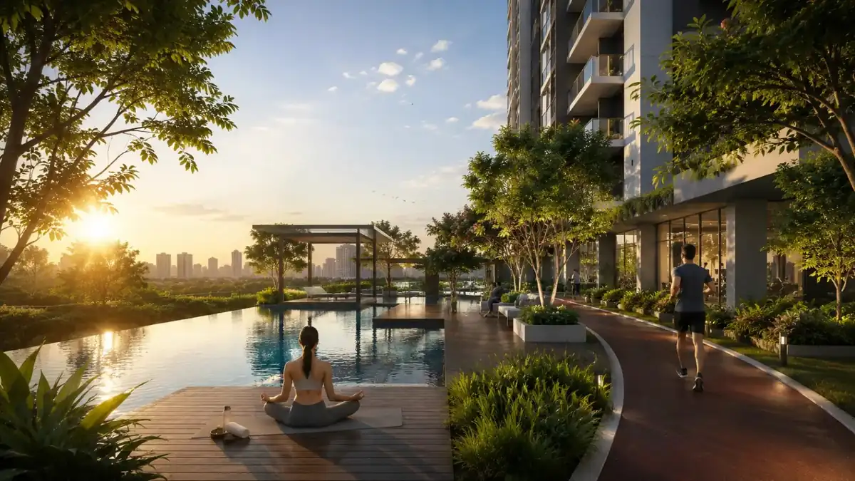 Resort-style swimming pool and yoga deck with jogging track at Embassy Biome, North Bangalore