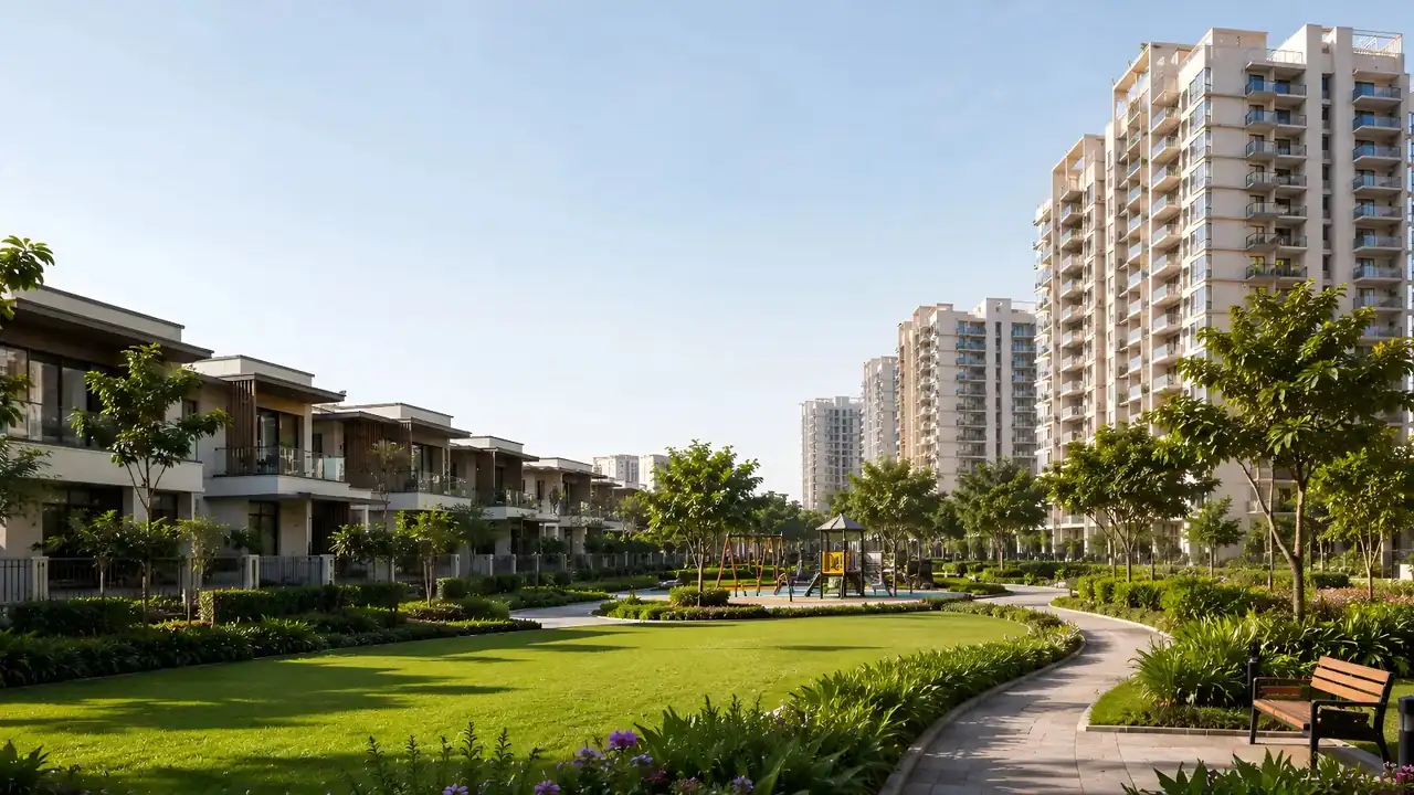 Villas and apartment towers with landscaped central park at Embassy Biome, North Bangalore